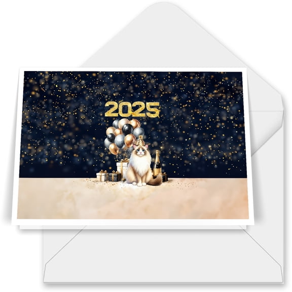 Happy New Year Ragdoll Welcome 2025 Balloon Firework Party 7x5in Folded Greeting Card Cat Lover Kitten Owner Gifts Idea Single Note Card with Envelope - 01014