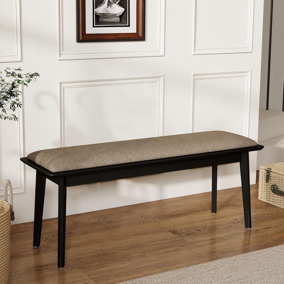 Kmax Entryway Bench, 46" Dining Bench with Wood Leg Rustic Upholstered Window Bench for Entrance Dining Room Living Room - Chenille Grey, Black Legs