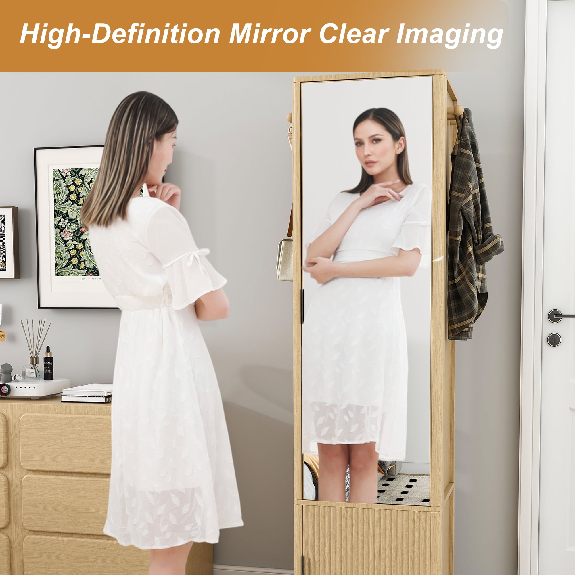 Yoneston 360° Rotating Makeup Cabinet with Full-Length Mirror, 4-in-1 Jewelry Cabinet with 4 Tier Open Shelves & Coat Rack, Standing Storage Cabinet with 2 Doors for Bedroom, Walnut