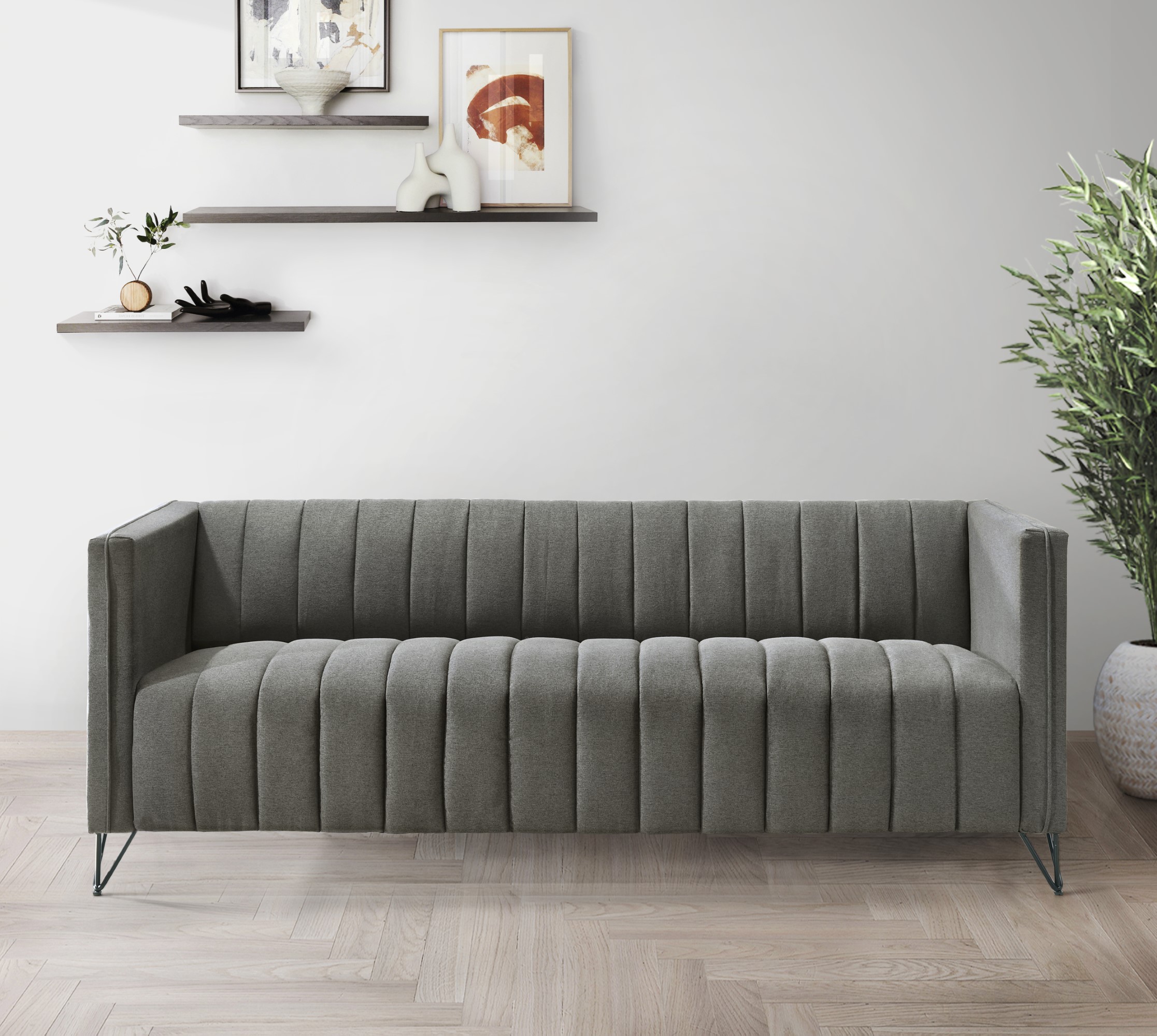 Home Design Kurtis Square Arm Sofa with Tufted Velvet Upholstery and Gold Metal Legs, Flared Arms, Modern Living Room Seating, Gray