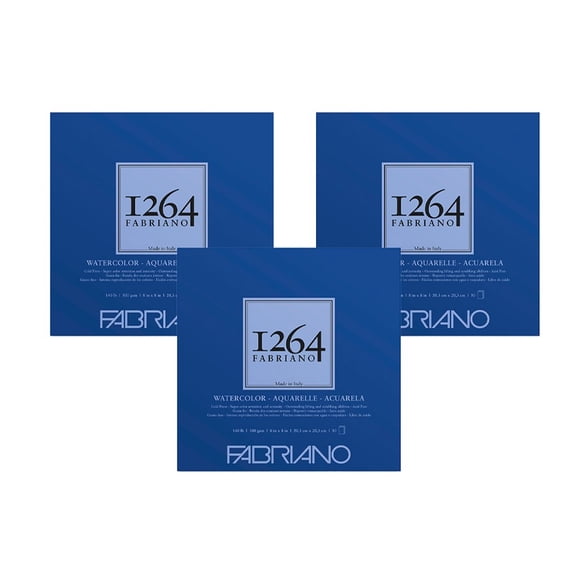 Fabriano 1264 Watercolor Pad, Glue Bound, 8”x8”, 140 lb, 30 Sheets, 100% Alpha-Cellulose, Wet Media, Three Pack