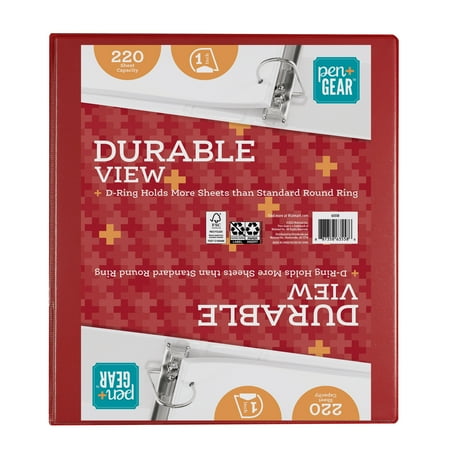 Pen+Gear Durable View 3-Ring Binder with 1-inch Rings, 1” Slanted D-Rings, Red