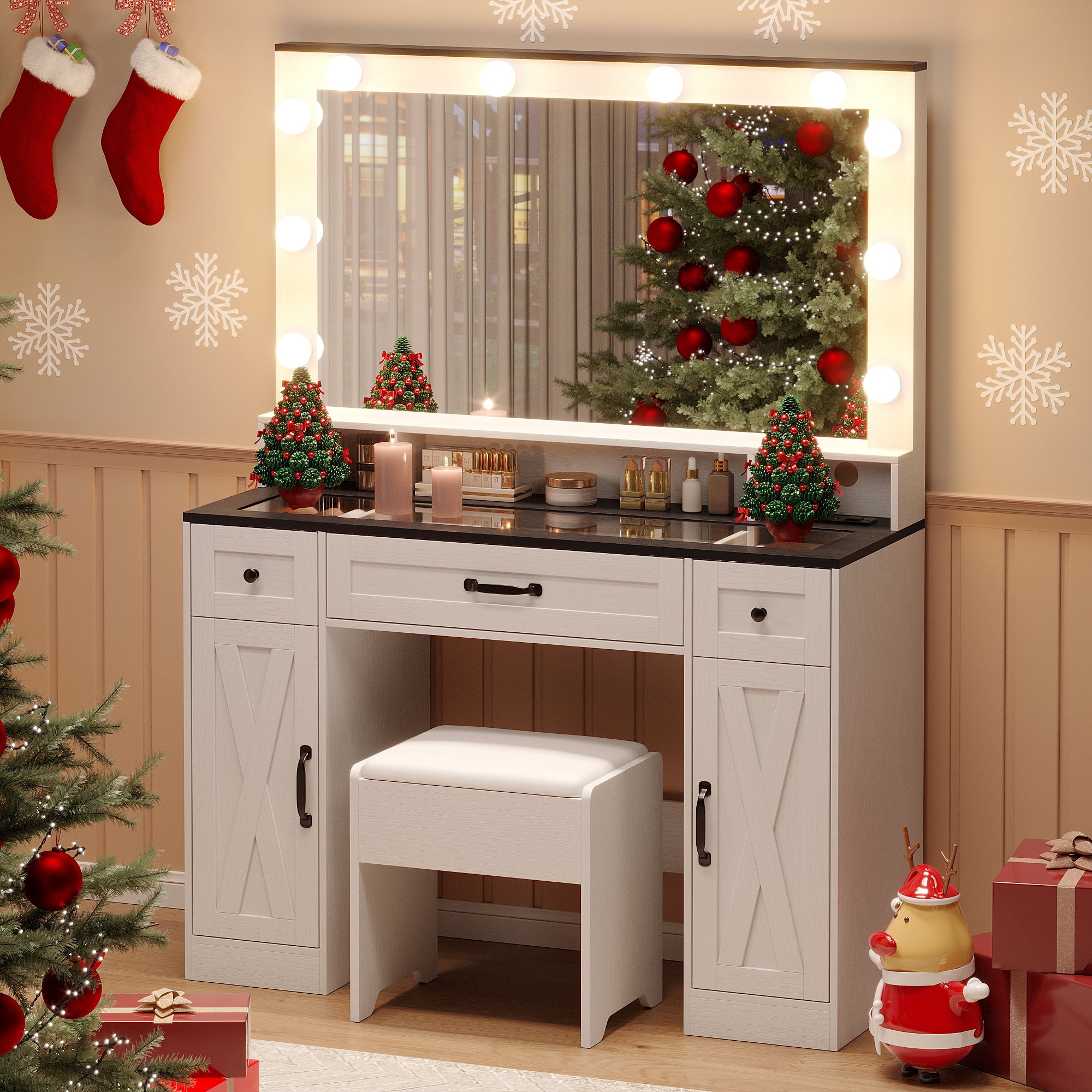 Vabches Farmhouse Vanity Set with Mirror and Lights,Glass Top Makeup Vanity Desk with Chair & Charging Station, White