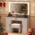 thumbnail image 3 of Vabches Farmhouse Vanity Set with Mirror and Lights,Glass Top Makeup Vanity Desk with Chair & Charging Station, White, 3 of 10