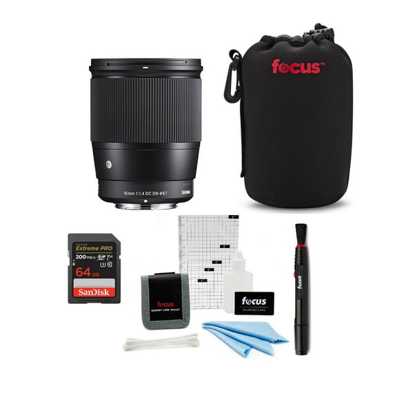 sigma 16mm f/1.4 dc dn contemporary lens for sony e-mount with 64gb extreme pro bundle
