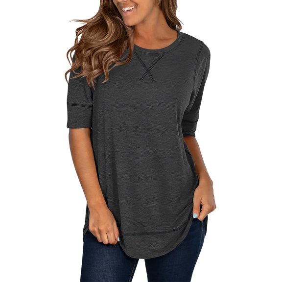 SHIBEVER T Shirts for Women Tops Short Sleeve Summer Fashion Loose Fit Tunic Tops Dressy Crewneck Ladies Blouses Tops Dark Grey