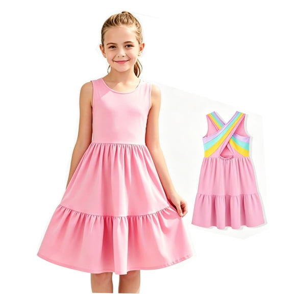 Aideaone Girls Dresses Athletic Sleeveless Kids Summer Sundress with Criss Cross Rainbow Straps Sporty Dress for Girls 6-10 Years