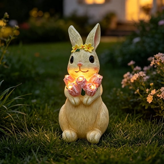 Solar Garden Statue Rabbit Figurine Outdoor Decor with Lantern Waterproof Resin Sculpture for Yard Patio Lawn Gifts for Mother's Day Birthday Housewarming Easte