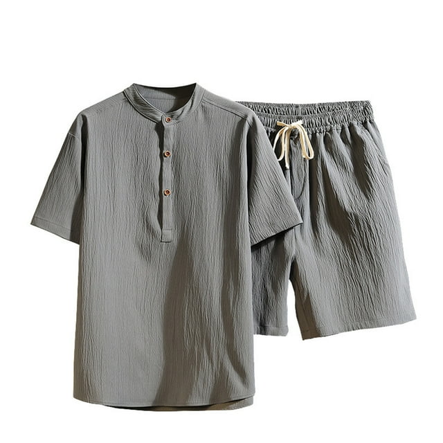Two Piece Pants Sets Mens Two Piece Solid Cotton Linen Short Sleeve V Neck Tops and Shorts Set