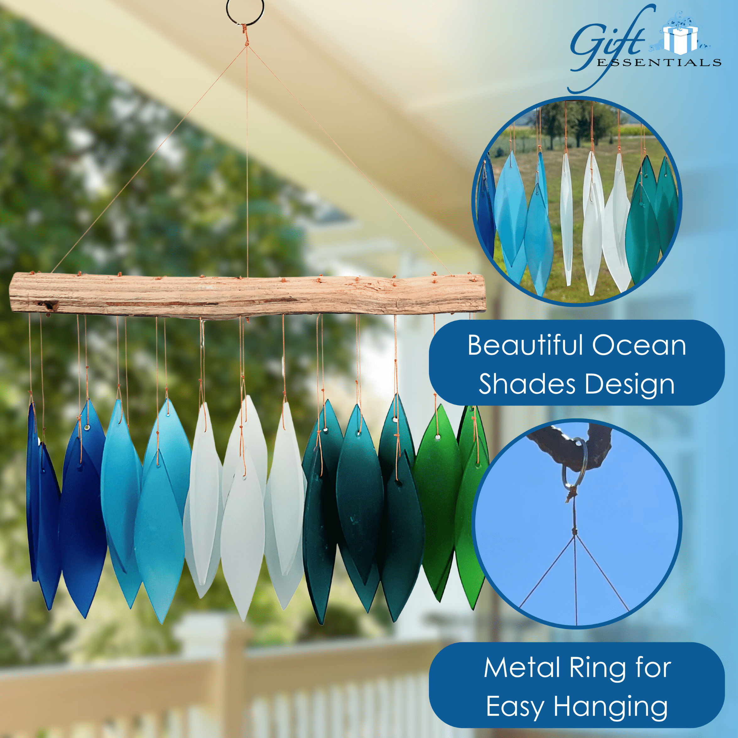 Blue Handworks Glass Wind Chime Gradient Ocean Hanging Wind Chimes Garden Decor