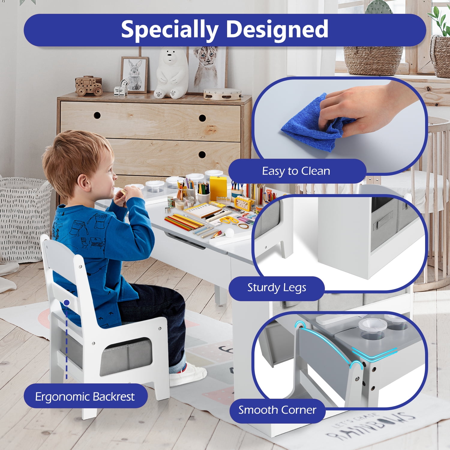 LINLUX Kids Table and Chair Set with Paper Roll, 3-in-1 Activity & Drawing Table, Toddler Art Desk with Storage Shelves, Children Study Play Table Set, Grey
