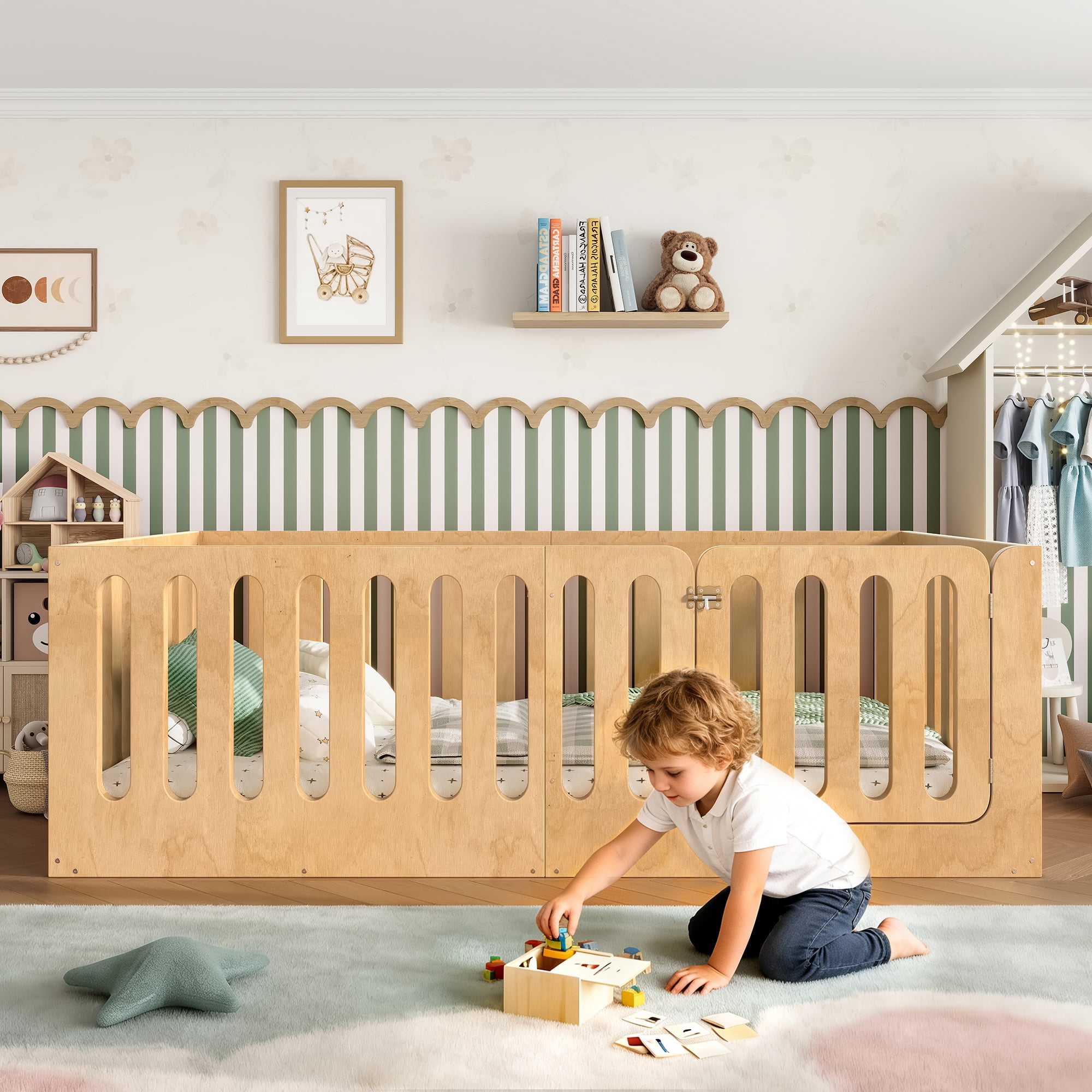 Miniyam Twin Floor Bed with Door, Low Profile Kids Bed with Guardrails,, Natural