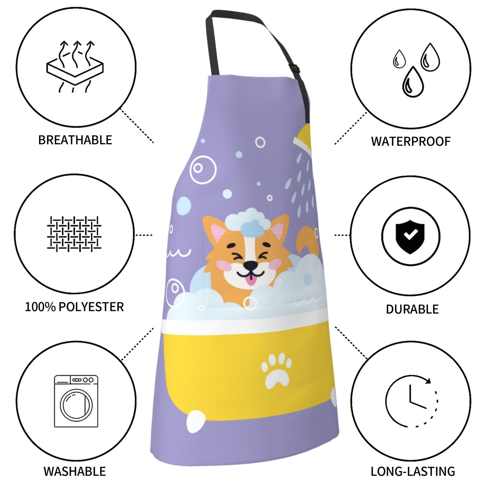 Kdxio Corgi Washing in Bathtub Apron with Pockets Adjustable Kitchen Aprons for Men Women Waterproof Aprons for Cooking,Drawing,Crafting, Baking Household Cleaning