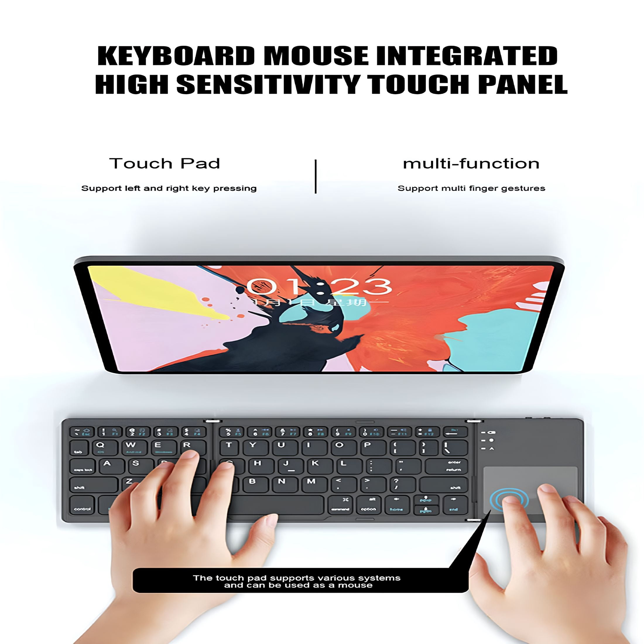 GJX Mini Folding Keyboard with Touchpad - Wireless Portable Bluetooth Keyboard for Android,iOS,Tablet,Smartphone - 63 Keys,Built-in Rechargeable Battery,3-Fold Design