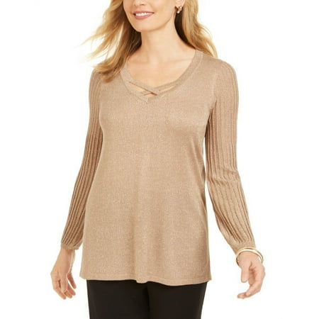 JM Collection Women's Lurex Lattice-Neck Blouse Brown Size Small