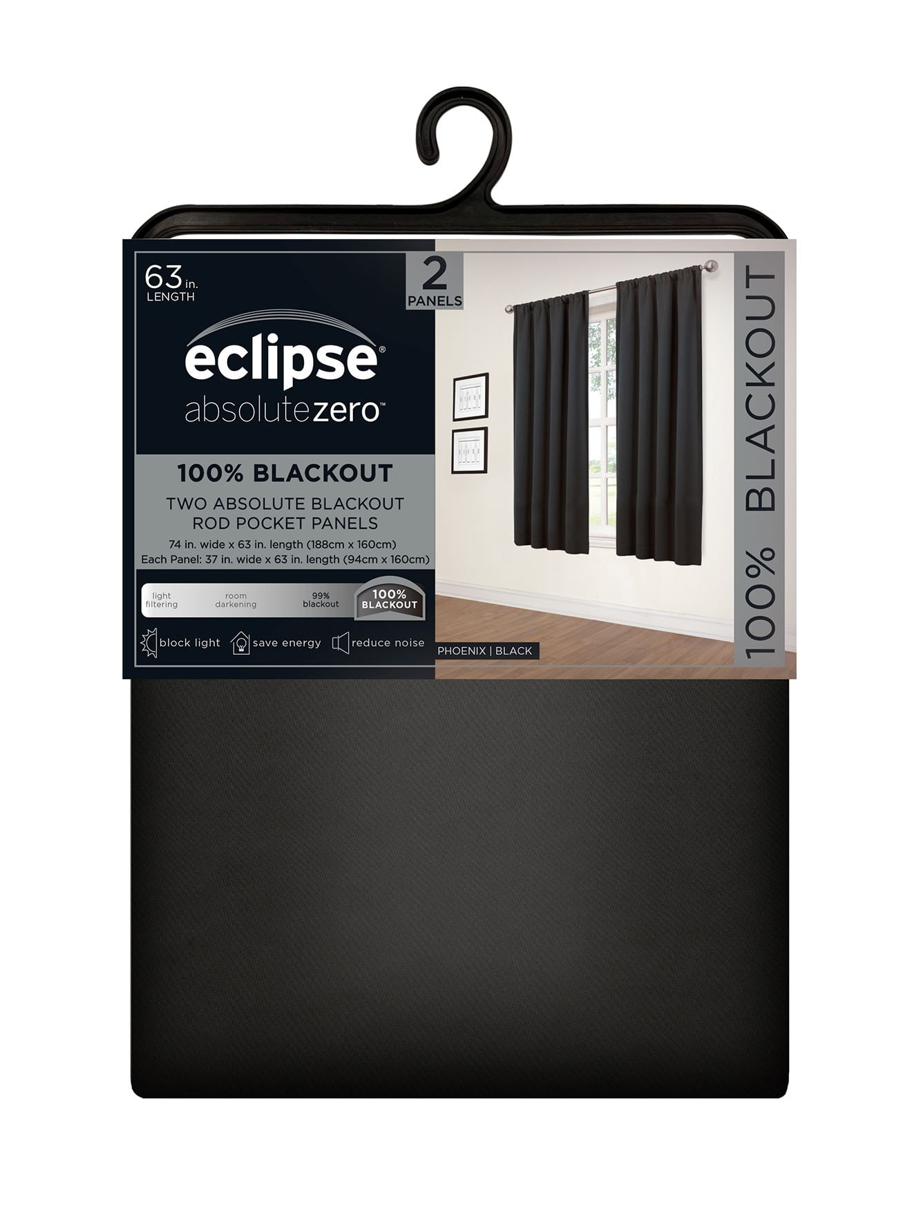 (3 pack) Eclipse Phoenix Solid Blackout Curtains, 63 Inch Long, Set of 2, Black, 37" W x 63" L