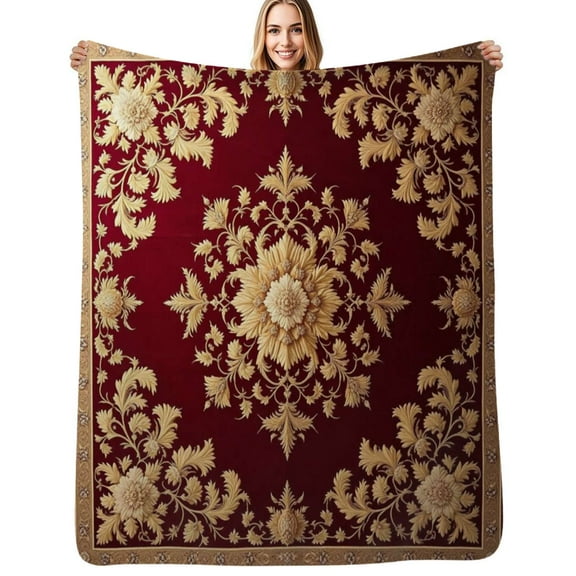 Red and Gold Floral Pattern Flannel Blanket Warm Soft Bedding Throws Winter Camping Chair Sofa Bed