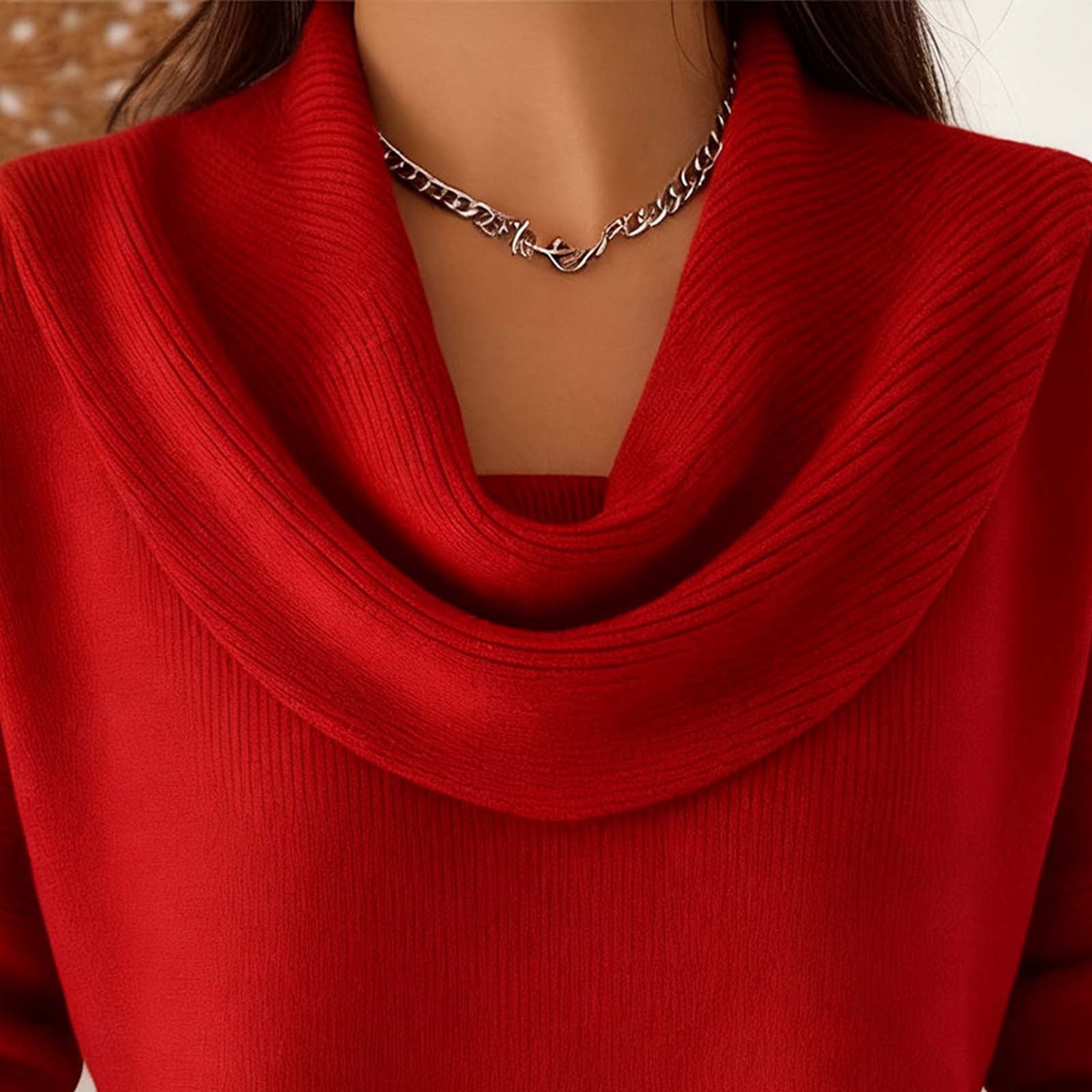 Draped Cowl Neck Sweater for Women, Knitted Long Sleeve Casual Pullover Sweaters Loose Comfy Tunic Tops