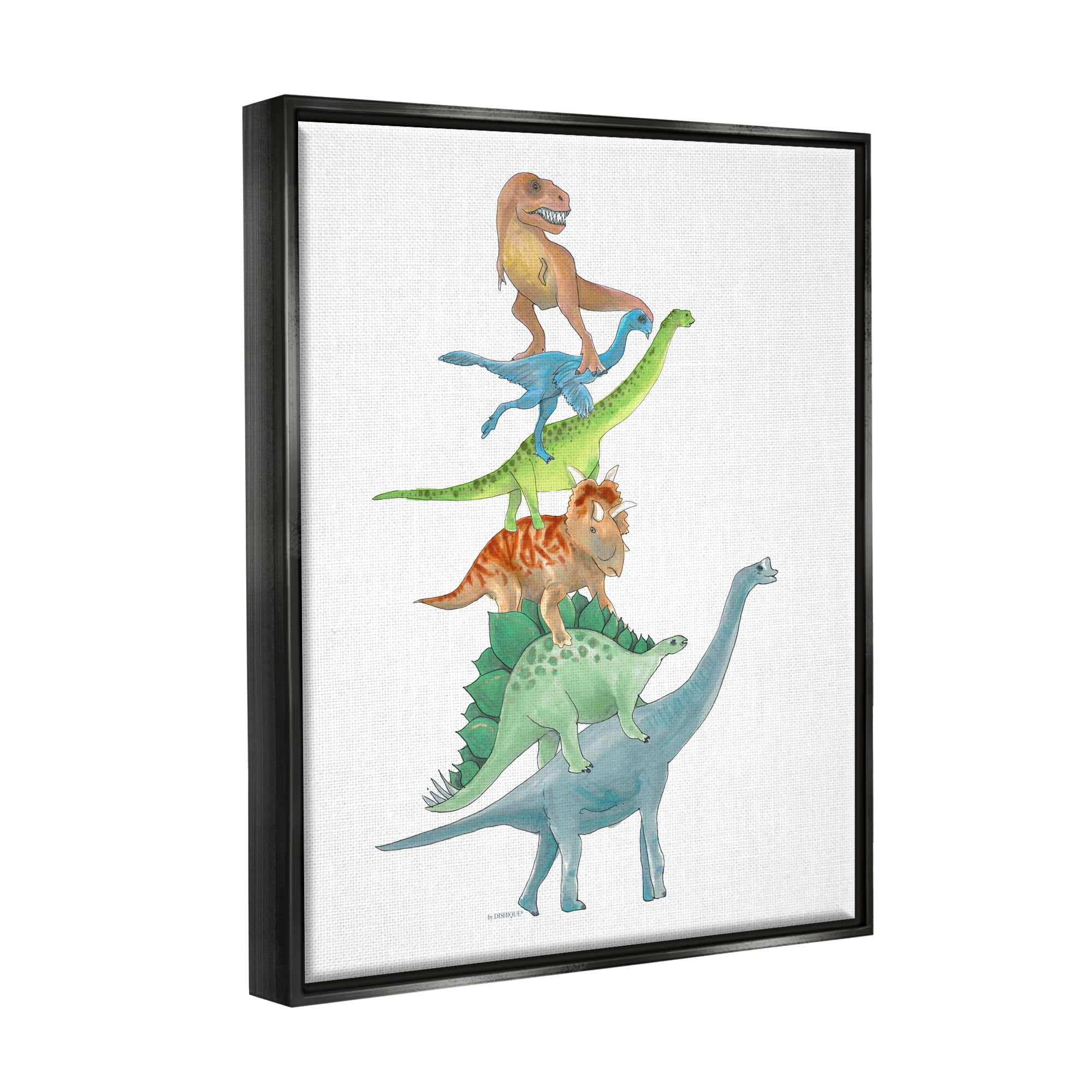 Stupell Industries Stacked Dinosaurs Balancing T-Rex Stegosaurus Illustration Graphic Art Jet Black Floating Framed Canvas Print Wall Art, Design by Dishique