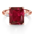 thumbnail image 2 of Gem Stone King 18K Rose Gold Plated Silver 12X10MM Red Created Ruby and 2MM White Moissanite 3 Stone Engagement Ring for Women | 5.78 Cttw | Gemstone July Birthstone | Size 6, 2 of 3