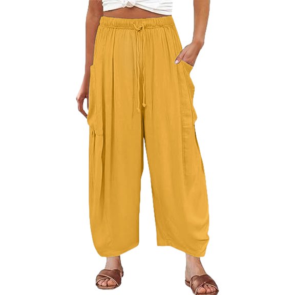 Casual Pants for Women Elastic Waisted Pleated High Waisted Loose Casual Cropped Cotton And Linen Beach Pants