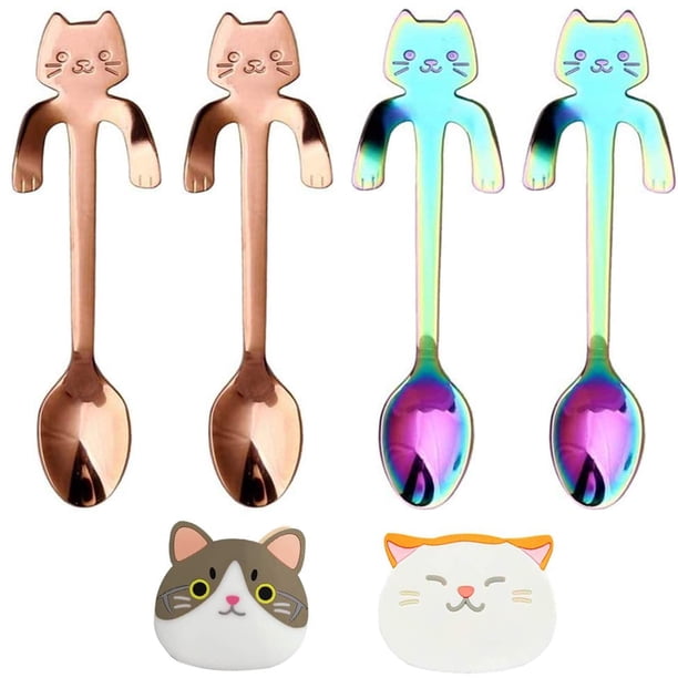 Cucharas de café elegantes con forma de gatito, de acero inoxidable, diseño colgante para té, leche, postres y bebidas, herramienta de cocina perfecta para mezclar y servir, paquete de 4