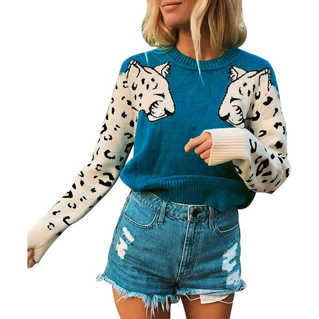 Pulls pour Femmes Décontractés Imprimé Léopard Patchwork Manches Longues Pull Tricoté Court