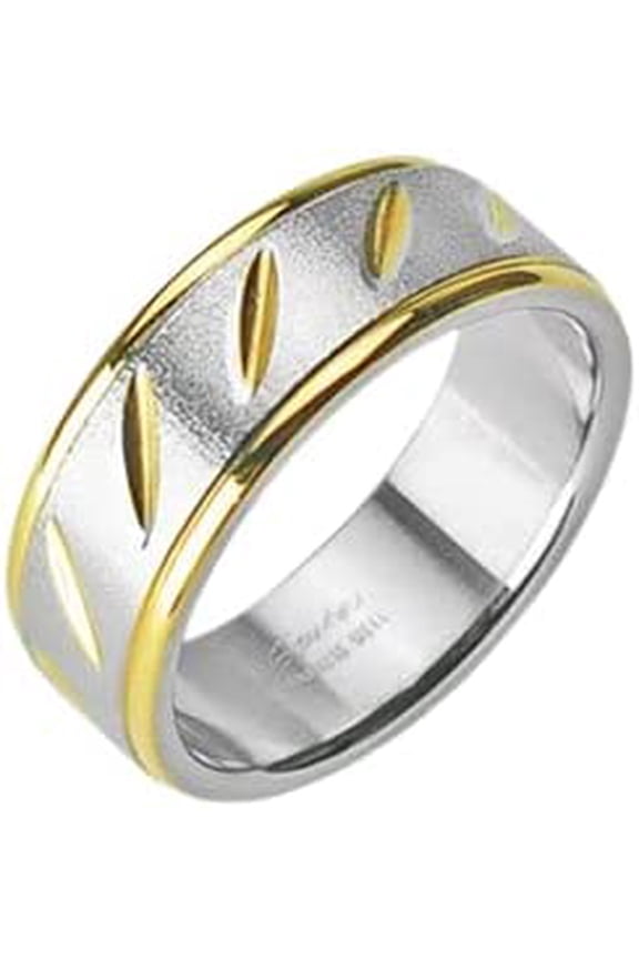 Size 5 Surgical Stainless Steel Couple Ring/IP Gold/ Brushed Steel Center/Dia Cut