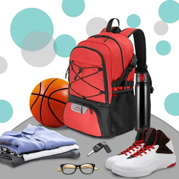 DAMAI Basketball Backpack,Basketball Equipment Bag with Separate Ball Holder & Shoes Compartment,Best for Basketball, Soccer,Gym(Red)
