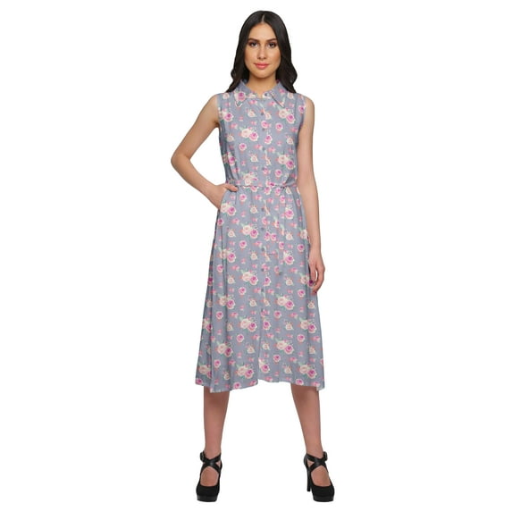 Moomaya Womens Sleeveless Lapel Collar Dress With Pockets Printed Summer Wear