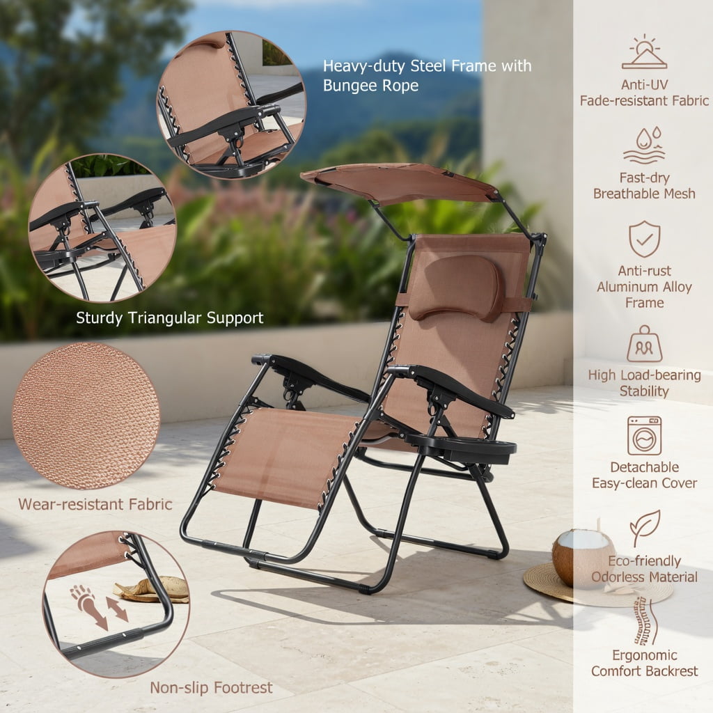 Hommoo Folding Recliner Lounge Chair with Adjustable UV-Protective Shade Canopy, Removable Headrest & Cup Holder, Steel Frame, Brown