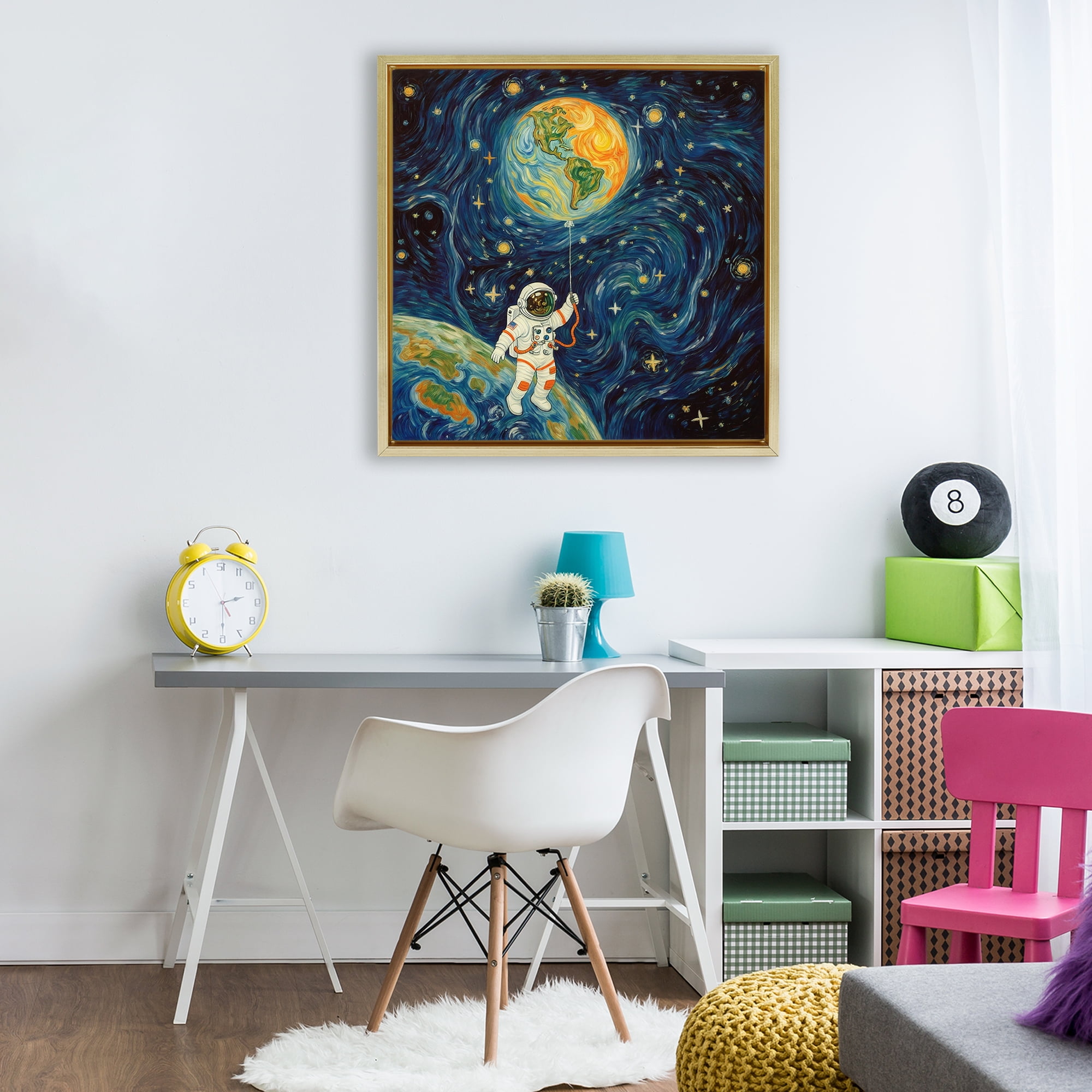 Astronaut with Earth Balloon Gold Framed Floater Canvas Wall Art, design by Angie Hawke