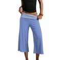 thumbnail image 2 of Fold Over Gaucho Pants for Women Flowy Wide Leg Yoga Capri Elastic Low Rise Striped Cropped Palazzo Culottes Blue S, 2 of 6