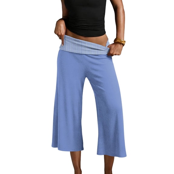 Gaucho Capri Pants for Women Fold Over Cropped Pants Low Rise Wide Leg Capri Striped Palazzo Flowy Culotte Blue 2XL