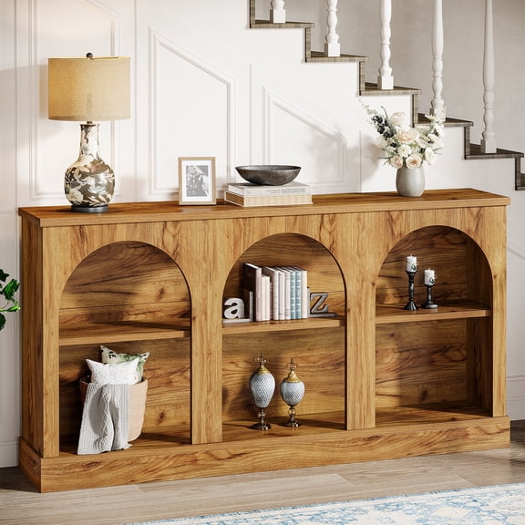 Finmind  3 Tier Wood Console Table, 63-Inch Long  Rectangular Entryway Table with Storage, Sofa Table Behind The Couch for Living Room,  Natural Brown
