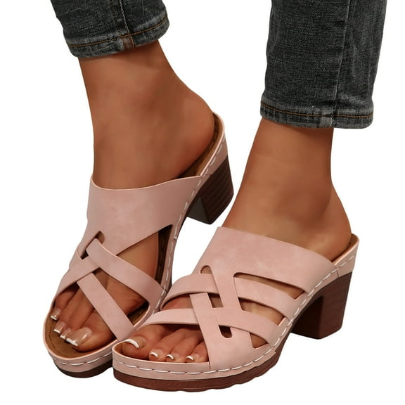 Ladies Platform High Heels Dressy Slides Sandals for Women 2025 Trendy Leather Chunky Stacked Pumps Slip on