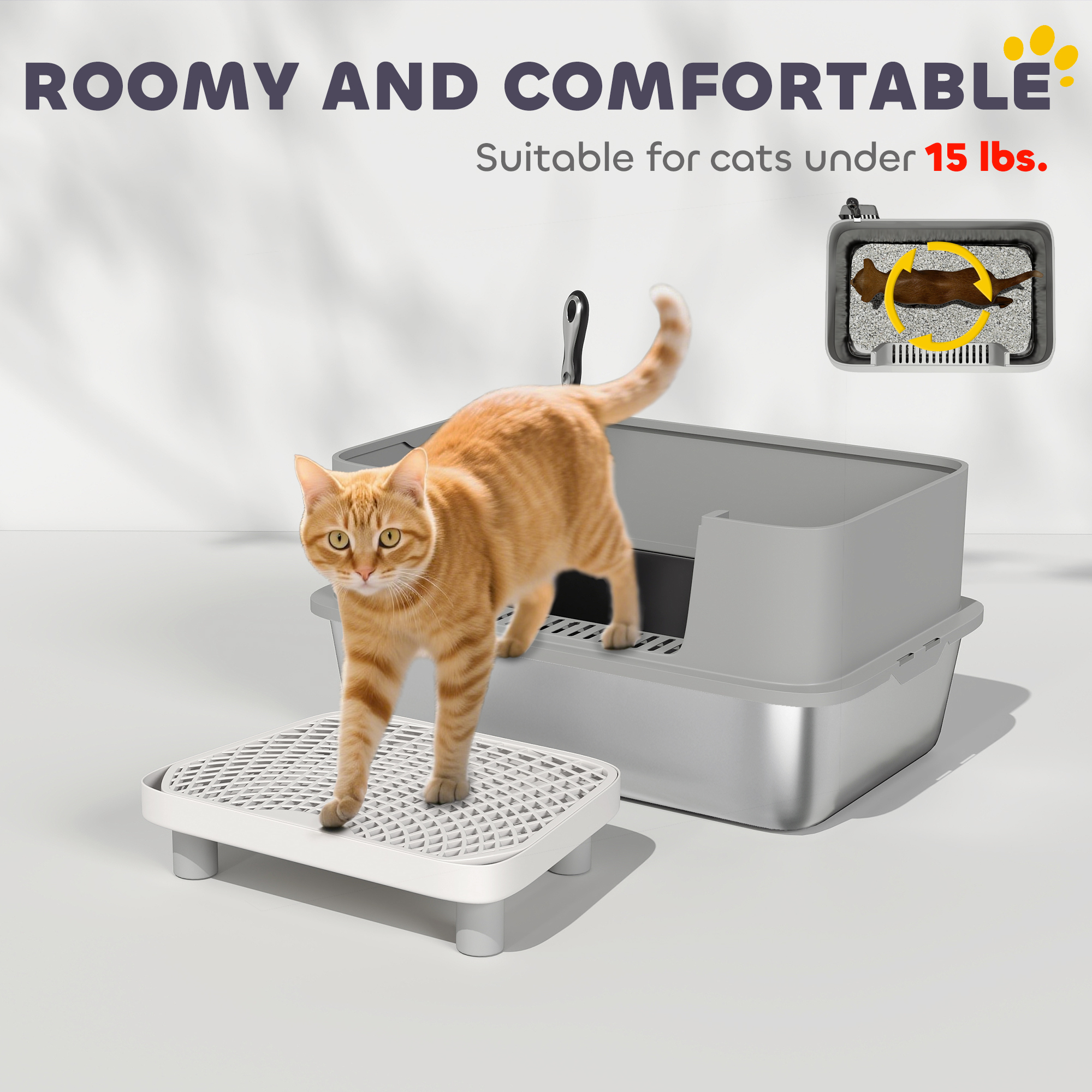 PawHut Stainless Steel Litter Box with High Sides, Extra Large Metal Cat Litter Box with Scoop, Pedal, Gray