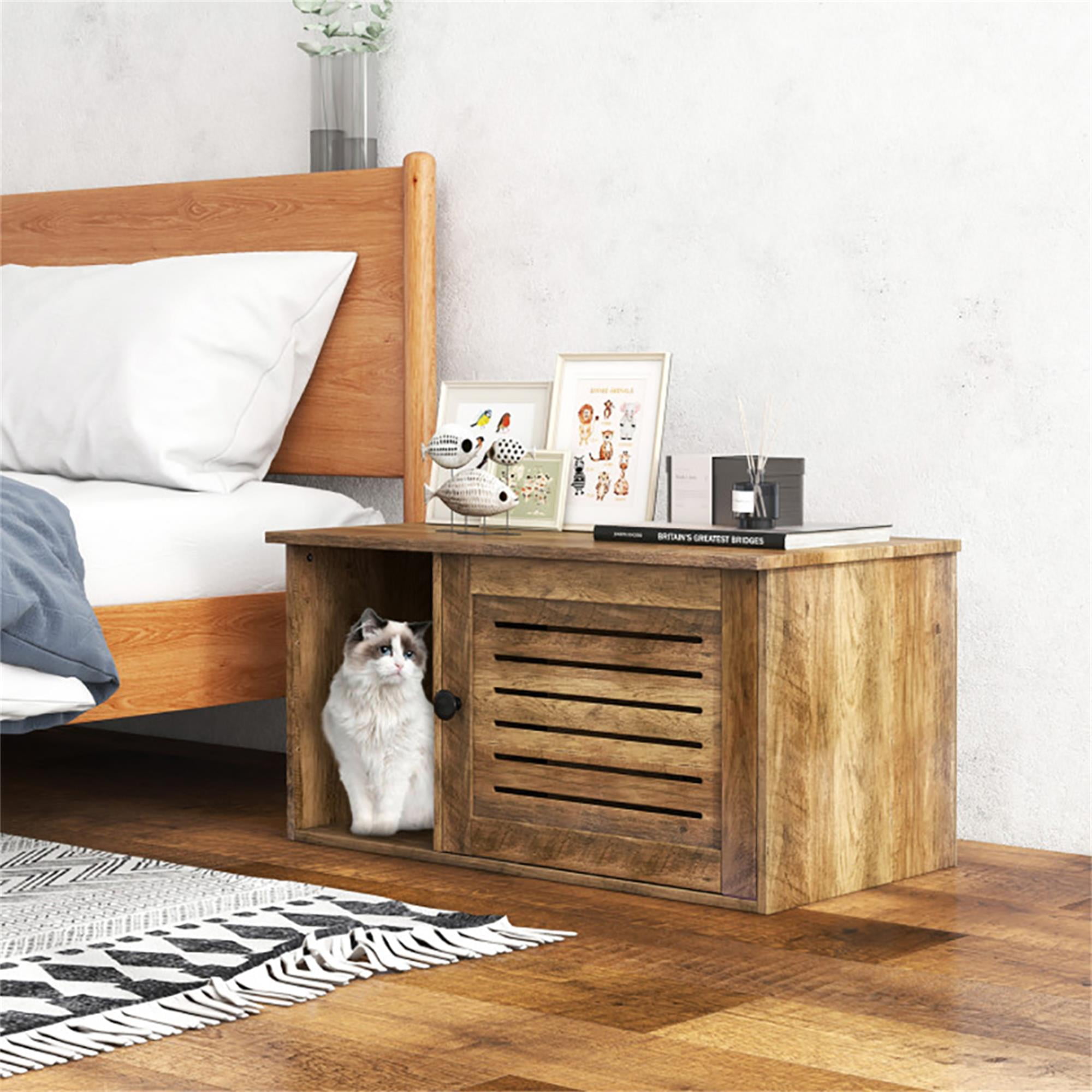 Kadyn 31" Cat Litter Box Enclosure with Louvered Door and Open Compartment, Hidden Cat House Washroom Furniture, Brown