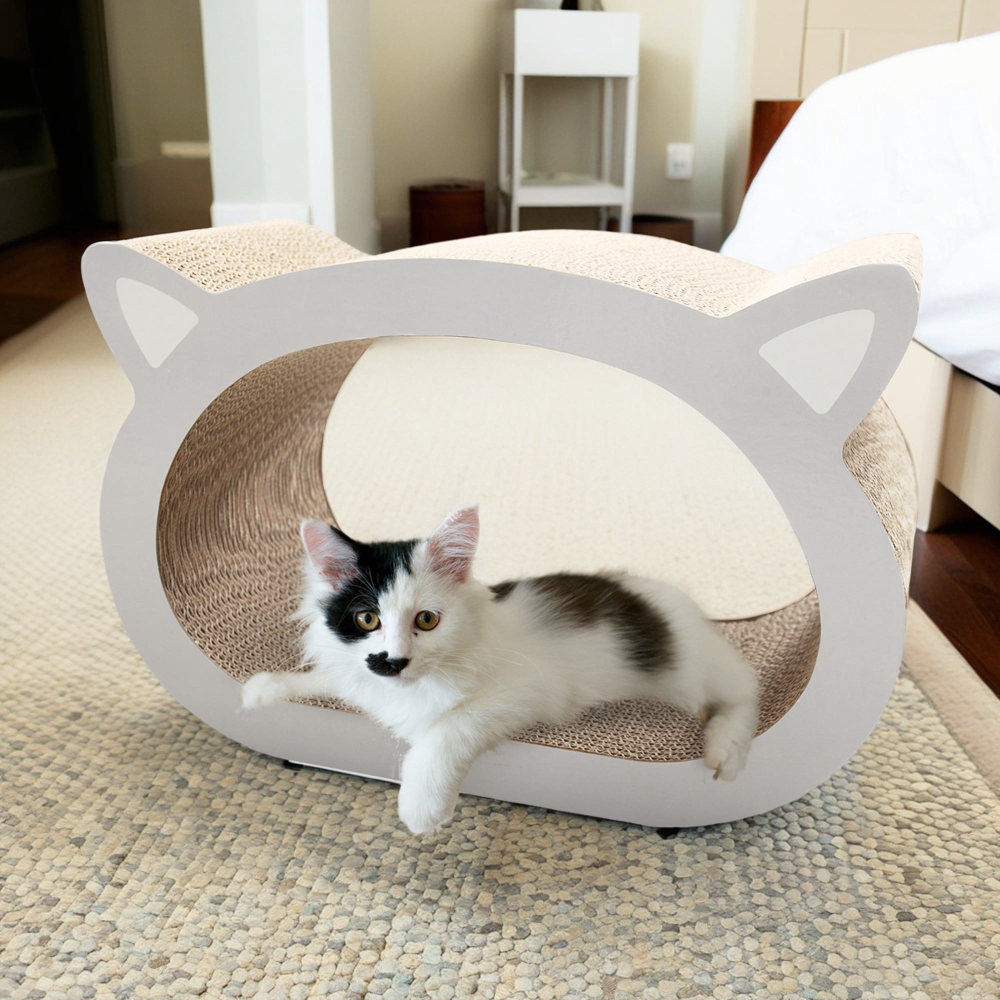 Pefilos 19" Cat Scratcher Cardboard Scratching Bed, Cat Head Shape Cat Scratch House, Corrugated Scratching Pad Toy, Beige