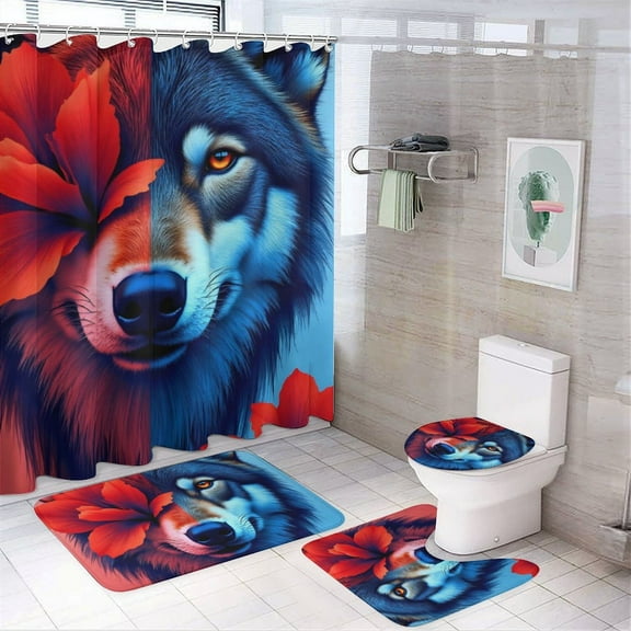 Wolf Print Shower Curtain Set 4-Set Jungle Animal Theme Bathroom Decor Set Includes Floor Mat ,Toilet Cover Mat ,U-Mat ,Shower Curtain with 12 Hooks,72inx72in