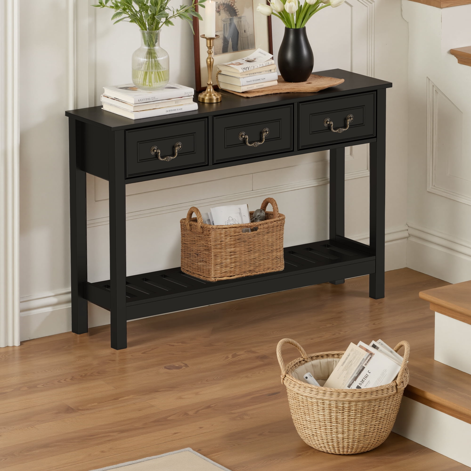SPANSPACE Farmhouse Console Table with 3 Drawer, 47'' Entryway Table with Open Storage Shelf, Narrow Long Sofa Table for Living Room, Hallway, Behind Soft, Couch , Black