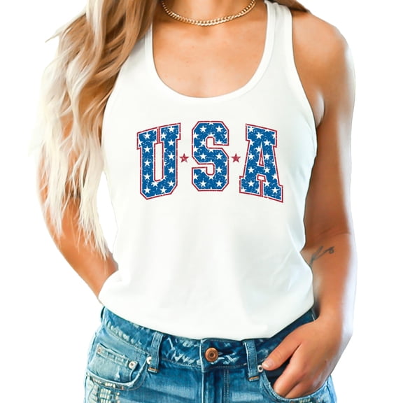 Bold USA Stars Tank Top for Women and Teens Patriotic 4th of July Sleeveless Shirt White Tank Top Large
