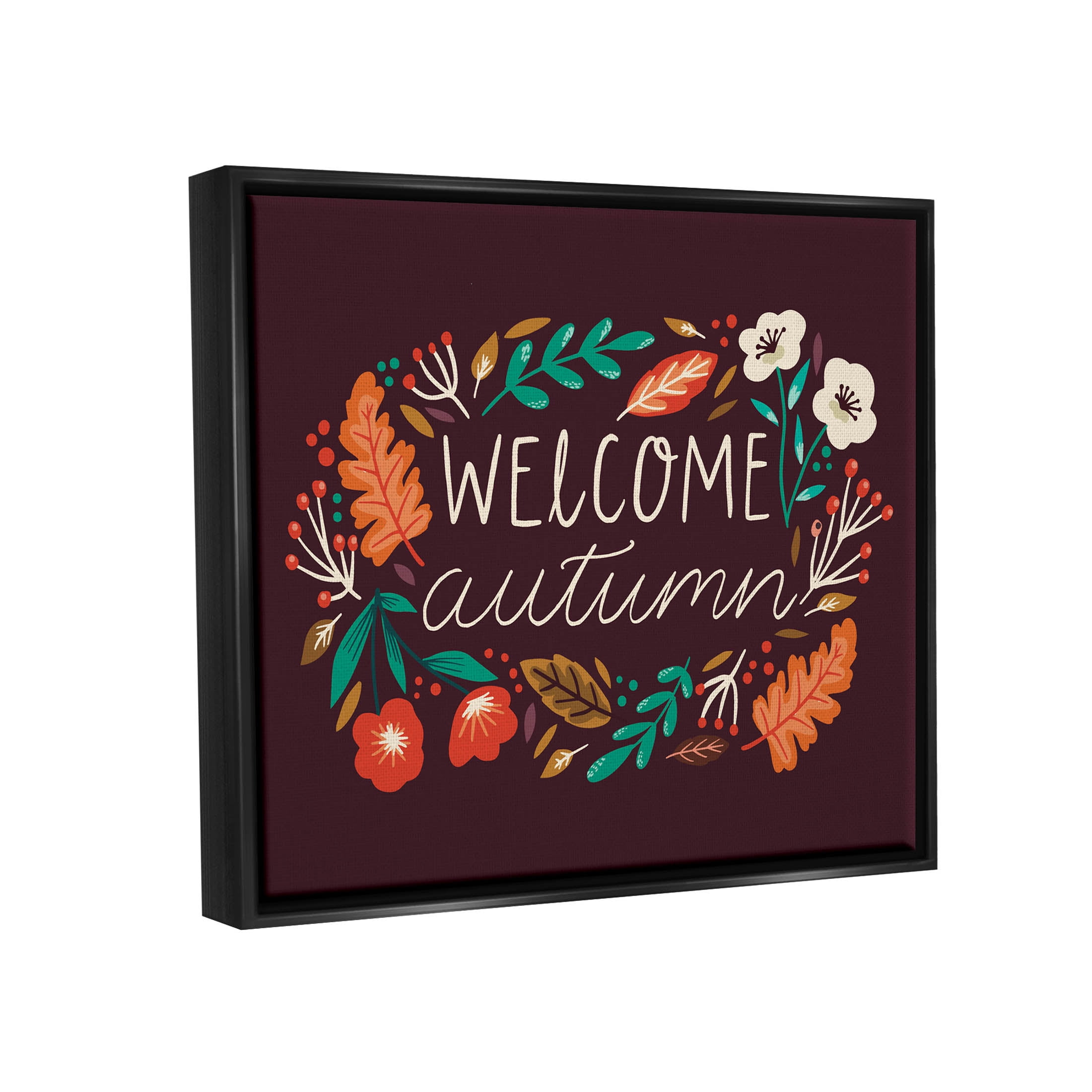 Welcome Autumn Fall Botanicals Holiday Graphic Art Jet Black Framed Art Print Wall Art