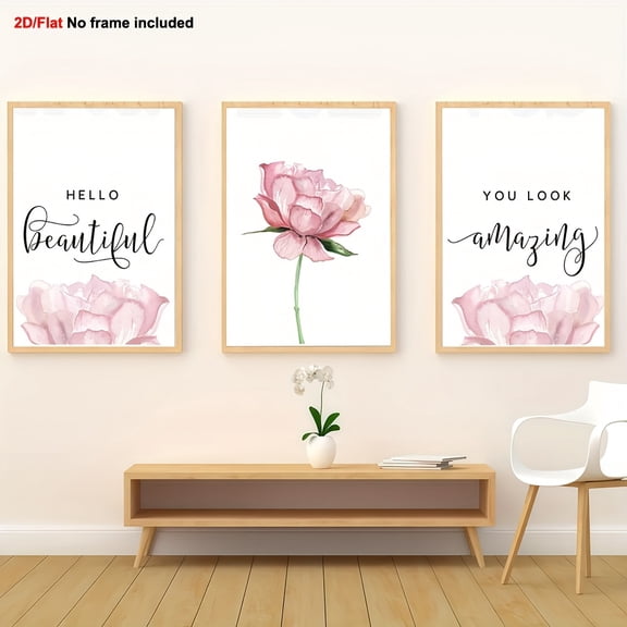 [2D Flat] 3pcs Frameless Decorative Canvas Print, 2D Flat Hello Gorgeous Wall Art, Blush Pink Floral Print, Stylish Wall Art for Girls' Bedroom, Home & Living Room Decoration, 2D Flat, Perfect for R