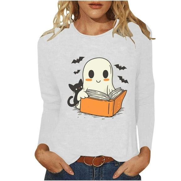 Xdegoge Women Cute Ghost Reading Book With Cat Long Sleeve T-Shirts Kawaii Halloween Graphic Tees Casual Crewneck Loose Fit Fall Pullover Tops Shirts