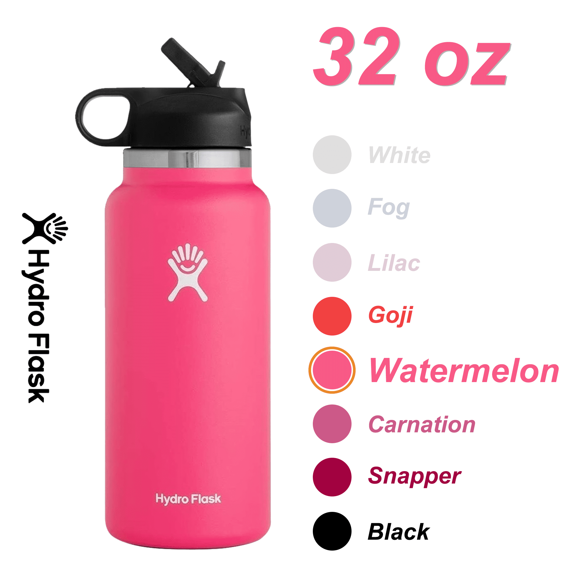 Hydro Flask 32OZ Wide Mouth 2.0 Water Bottle, Straw Lid, Multiple Colors -  Watermelon, New Design 