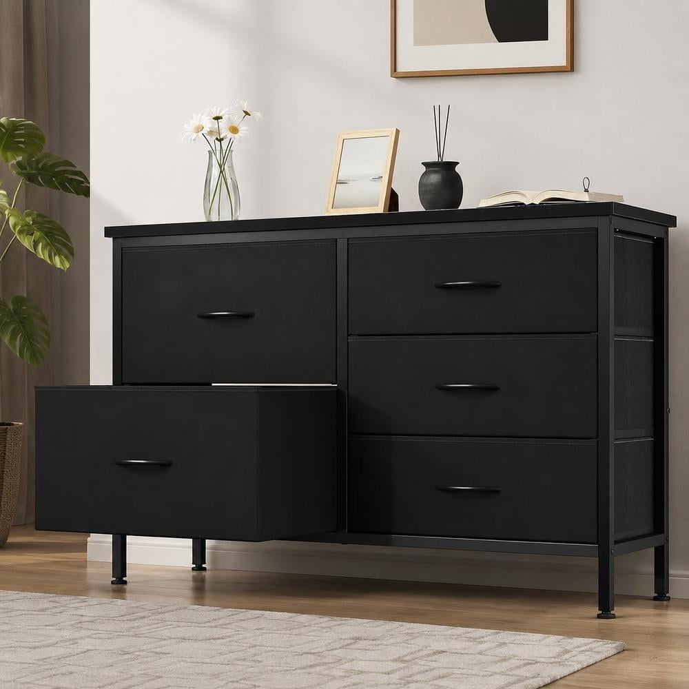 5 drawer dresser storage chest with wooden top and sturdy metal frame for bedroom