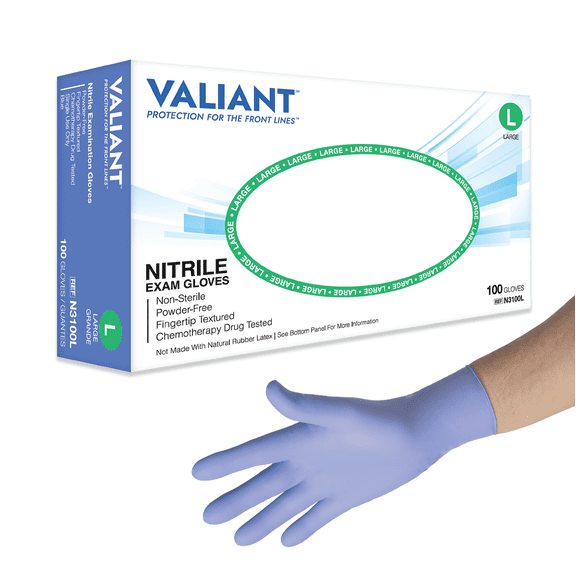 Valiant N3100 Nitrile Exam Gloves, Single Use Only, Fingertip Textured, Cornflower Blue, Large, 100 Per Box, 10 Boxes (1,000 Gloves)
