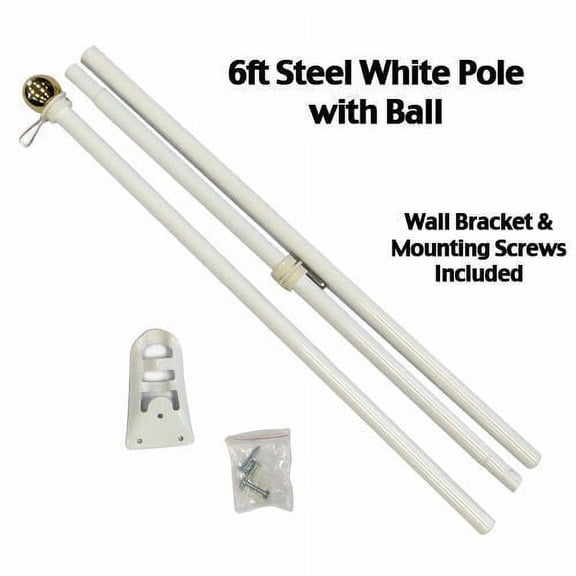 6 Ft FLAG POLE w Gold Ball Top Wall Mount Bracket - White Steel