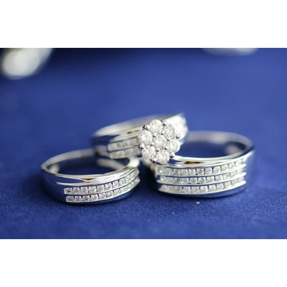 Sparkle Jewels 3-Piece Trio Ring Set 14K White Gold Finish Silver Matching Wedding Bands for Him & Her